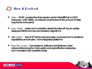 How It Evolved 1964 -  AT&T unveiled the first solution at the World’s Fair in NYC. (However, until 1980s, no network could transmit the amount of data required to end-users) Late 1980s  - video communication started to take off due to widely-deployed ISDN and new compression algorithms Mid-1990s –  rise of IP led to reduced costs, improved communications capabilities and simpler, more integrated platforms Past five years  - new systems, software and features make videoconferencing the most useful and cost-effective enterprise communication tool available today 