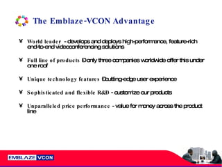 The Emblaze-VCON Advantage World leader   - develops and deploys high-performance, feature-rich end-to-end videoconferencing solutions Full line of products  – only three companies worldwide offer this under one roof Unique technology features  –cutting-edge user experience Sophisticated and flexible R&D  - customize our products Unparalleled price performance  - value for money across the product line  