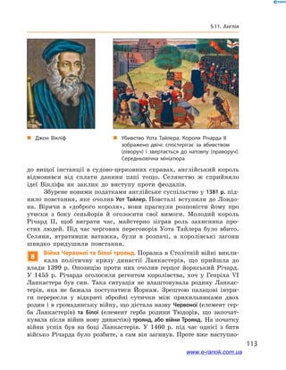 113
§ 11. Англія
до вищої інстанції в  судово-церковних справах, англійський король
відмовився від сплати данини папі тощо. Селянство ж  сприйняло
ідеї Вікліфа як заклик до виступу проти феодалів.
Збурене новими податками англійське суспільство у 1381 р. під-
няло повстання, яке очолив Уот Тайлер. Повсталі вступили до Лондо-
на. Вірячи в  «доброго короля», вони прагнули розповісти йому про
утиски з  боку сеньйорів й  оголосити свої вимоги. Молодий король
Річард II, щоб виграти час, майстерно зіграв роль захисника про-
стих людей. Під час чергових переговорів Уота Тайлера було вбито.
Селяни, втративши ватажка, були в  розпачі, а  королівські загони
швидко придушили повстання.
8
Війна Червоної та Білої троянд. Поразка в Столітній війні викли-
кала політичну кризу династії Ланкастерів, що прийшла до
влади 1399  р. Опозицію проти них очолив герцог йоркський Річард.
У  1455  р. Річарда оголосили регентом королівства, хоч у  Генріха VI
Ланкастера був син. Така ситуація не влаштовувала родину Ланкас-
терів, яка не бажала поступатися Йоркам. Зрештою палацові інтри-
ги переросли у  відкриті збройні сутички між прихильниками двох
родин і в громадянську війну, що дістала назву Червоної (елемент гер-
ба Ланкастерів) та Білої (елемент герба родини Тюдорів, що започат-
кувала після війни нову династію) троянд, або війни Троянд. На початку
війни успіх був на боці Ланкастерів. У  1460  р. під час однієї з  битв
військо Річарда було розбите, а  сам він загинув. Проте вже наступно-
„„ Джон Вікліф „„ Убивство Уота Тайлера. Короля Річарда ІІ
зображено двічі: спостерігає за вбивством
(ліворуч) і звертається до натовпу (праворуч).
Середньовічна мініатюра
www.e-ranok.com.ua
 