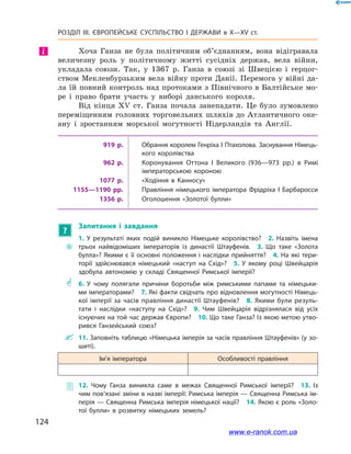 124
Розділ ІІІ. ЄВРОПЕЙСЬКЕ СУСПІЛЬСТВО І  ДЕРЖАВИ в  X—ХV ст.
Хоча Ганза не була політичним об’єднанням, вона відігравала
величезну роль у  політичному житті сусідніх держав, вела війни,
укладала союзи. Так, у  1367  р. Ганза в  союзі зі Швецією і  герцог-
ством Мекленбурзьким вела війну проти Данії. Перемога у війні да-
ла їй повний контроль над протоками з Північного в Балтійське мо-
ре і  право брати участь у  виборі данського короля.
Від кінця XV ст. Ганза почала занепадати. Це було зумовлено
переміщенням головних торговельних шляхів до Атлантичного оке-
ану і  зростанням морської могутності Нідерландів та Англії.
919 р. Обрання королем Генріха I Птахолова. Заснування Німець­
кого королівства
962 р. Коронування Оттона I Великого (936—973  рр.) в Римі
імператорською короною
1077 р. «Ходіння в Канносу»
1155—1190 рр. Правління німецького імператора Фрідріха I Барбаросси
1356 р. Оголошення «Золотої булли»
?
Запитання і  завдання
~~
1.  У  результаті яких подій виникло Німецьке королівство? 2.  Назвіть імена
трьох найвідоміших імператорів із династії Штауфенів. 3.  Що таке «Золота
булла»? Якими є її основні положення і наслідки прийняття? 4. На які тери­
торії здійснювався німецький «наступ на Схід»? 5.  У  якому році Швейцарія
здобула автономію у  складі Священної Римської імперії?
** 6.  У  чому полягали причини боротьби між римськими папами та німецьки­
ми імператорами? 7. Які факти свідчать про відновлення могутності Німець­
кої імперії за часів правління династії Штауфенів? 8.  Якими були резуль­
тати і  наслідки «наступу на Схід»? 9.  Чим Швейцарія відрізнялася від усіх
існуючих на той час держав Європи? 10. Що таке Ганза? Із якою метою утво­
рився Ганзейський союз?
 11. Заповніть таблицю «Німецька імперія за часів правління Штауфенів» (у зо­
шиті).
Ім’я імператора Особливості правління
 12.  Чому Ганза виникла саме в  межах Священної Римської імперії? 13.  Із
чим пов’язані зміни в назві імперії: Римська імперія — Священна Римська ім­
перія — Священна Римська імперія німецької нації? 14. Якою є роль «Золо­
тої булли» в  розвитку німецьких земель?
і
www.e-ranok.com.ua
 