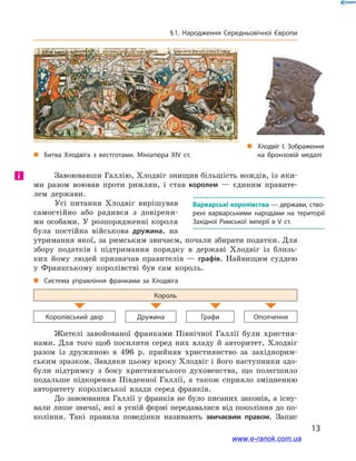 13
§ 1. Народження Середньовічної Європи
Завоювавши Галлію, Хлодвіг знищив більшість вождів, із яки-
ми разом воював проти римлян, і  став королем  — єдиним правите-
лем держави.
Усі питання Хлодвіг вирішував
самостійно або радився з  довірени-
ми особами. У розпорядженні короля
була постійна військова дружина, на
утримання якої, за римським звичаєм, почали збирати податки. Для
збору податків і  підтримання порядку в  державі Хлодвіг із близь-
ких йому людей призначав правителів  — графів. Найвищим суддею
у  Франкському королівстві був сам король.
„„ Система управління франками за Хлодвіга
Король
Королівський двір Дружина Графи Ополчення
Жителі завойованої франками Північної Галлії були христия-
нами. Для того щоб посилити серед них владу й  авторитет, Хлодвіг
разом із дружиною в  496  р. прийняв християнство за західнорим-
ським зразком. Завдяки цьому кроку Хлодвіг і його наступники здо-
були підтримку з  боку християнського духовенства, що полегшило
подальше підкорення Південної Галлії, а  також сприяло зміцненню
авторитету королівської влади серед франків.
До завоювання Галлії у франків не було писаних законів, а існу-
вали лише звичаї, які в усній формі передавалися від покоління до по-
коління. Такі правила поведінки називають звичаєвим правом. Запис
і
Варварські королівства — держави, ство­
рені варварськими народами на території
Західної Римської імперії в V ст.
„„ Хлодвіг I. Зображення
на бронзовій медалі„„ Битва Хлодвіга з вестготами. Мініатюра XIV ст.
www.e-ranok.com.ua
 