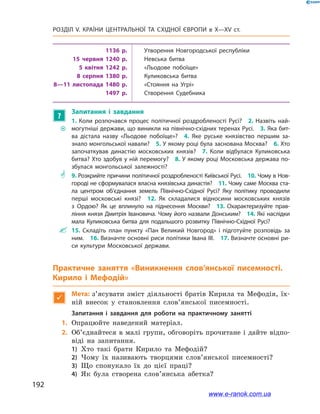 192
Розділ V. КРАЇНИ ЦЕНТРАЛЬНОЇ ТА СХІДНОЇ ЄВРОПИ в X—XV ст.
1136 р. Утворення Новгородської республіки
15 червня 1240 р. Невська битва
5 квітня 1242 р. «Льодове побоїще»
8 серпня 1380 р. Куликовська битва
8—11 листопада 1480 р. «Стояння на Угрі»
1497 р. Створення Судебника
?
Запитання і  завдання
~~
1. Коли розпочався процес політичної роздробленості Русі? 2. Назвіть най­
могутніші держави, що виникли на північно-східних теренах Русі. 3. Яка бит­
ва дістала назву «Льодове побоїще»? 4.  Яке руське князівство першим за­
знало монгольської навали? 5. У якому році була заснована Москва? 6. Хто
започаткував династію московських князів? 7.  Коли відбулася Куликовська
битва? Хто здобув у ній перемогу? 8. У якому році Московська держава по­
збулася монгольської залежності?
** 9. Розкрийте причини політичної роздробленості Київської Русі. 10. Чому в Нов­
городі не сформувалася власна князівська династія? 11. Чому саме Москва ста­
ла центром об’єднання земель Північно-Східної Русі? Яку політику проводили
перші московські князі? 12.  Як складалися відносини московських князів
з  Ордою? Як це вплинуло на піднесення Москви? 13.  Охарактеризуйте прав­
ління князя Дмитрія Івановича. Чому його назвали Донським? 14. Які наслідки
мала Куликовська битва для подальшого розвитку Північно-Східної Русі?
 15.  Складіть план пункту «Пан Великий Новгород» і  підготуйте розповідь за
ним. 16. Визначте основні риси політики Івана ІІІ. 17. Визначте основні ри­
си культури Московської держави.
Практичне заняття «Виникнення слов’янської писемності.
Кирило і  Мефодій»

Мета: з’ясувати зміст діяльності братів Кирила та Мефодія, їх-
ній внесок у  становлення слов’янської писемності.
Запитання і завдання для роботи на практичному занятті
	1.	Опрацюйте наведений матеріал.
	2.	Об’єднайтеся в малі групи, обговоріть прочитане і дайте відпо-
віді на запитання.
1)	 Хто такі брати Кирило та Мефодій?
2)	 Чому їх називають творцями слов’янської писемності?
3)	 Що спонукало їх до цієї праці?
4)	 Як була створена слов’янська абетка?
www.e-ranok.com.ua
 