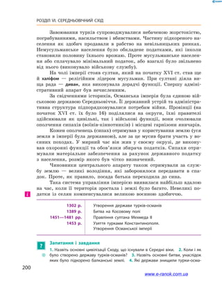 200
РОЗДІЛ VI. СЕРЕДНЬОВІЧНИЙ СХІД
Завоювання турків супроводжувалися небаченою жорстокістю,
пограбуваннями, насильством і вбивствами. Частину підкореного на-
селення як здобич продавали в  рабство на невільницьких ринках.
Немусульманське населення було обкладене податками, які інколи
становили половину їхнього врожаю. Проте мусульманське населен-
ня або сплачувало мінімальний податок, або взагалі було звільнено
від нього (виконувало військову службу).
На чолі імперії стояв султан, який на початку ХVI ст. став ще
й  халіфом  — релігійним лідером мусульман. При султані діяла ви-
ща рада  — диван, яка виконувала дорадчі функції. Спершу адміні-
стративний апарат був нечисленним.
За свідченнями істориків, Османська імперія була єдиною вій-
ськовою державою Середньовіччя. Її державний устрій та адміністра-
тивна структура підпорядковувалися потребам війни. Провінції (на
початок ХVI ст. їх було 16) поділялися на округи, їхні правителі
здійснювали як цивільні, так і  військові функції, вони очолювали
ополчення сипахів (воїнів-кіннотників) і місцеві гарнізони яничарів.
Кожен ополченець (сипах) отримував у користування землю (уся
земля в імперії була державною), але за це мусив брати участь у во-
єнних походах. У  мирний час він жив у  своєму окрузі, де викону-
вав охоронні функції та обов’язки збирача податків. Сипахи отри-
мували матеріальне забезпечення за рахунок державного податку
з  населення, розмір якого був чітко визначений.
Чиновники центрального апарату також отримували за служ-
бу землю  — великі володіння, які заборонялося передавати в  спа-
док. Проте, як правило, посада батька переходила до сина.
Така система управління імперією виявилася найбільш вдалою
на час, коли її територія зростала і  землі було багато. Невеликі по-
датки із селян компенсувалися великою воєнною здобиччю.
1302 р. Утворення держави турків-османів
1389 р. Битва на Косовому полі
1451—1481 рр. Правління султана Мехмеда ІІ
1453 р. Узяття турками Константинополя.
Утворення Османської імперії
?
Запитання і  завдання
~~
1. Назвіть основні цивілізації Сходу, що існували в Середні віки. 2. Коли і як
було створено державу турків-османів? 3.  Назвіть основні битви, унаслідок
яких було підкорено балканські землі. 4. Які держави знищили турки-осма­
і
www.e-ranok.com.ua
 