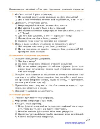 217
Плани-схеми для самостійної роботи учня з підручником і додатковою літературою
	2.	Особисті якості й  риси характеру.
1)	 Як особисті якості діяча впливали на його діяльність?
2)	 Які з  його особистих якостей вам подобаються, а  які  — ні?
	3.	Діяльність історичного діяча.
1)	 Охарактеризуйте основні справи його життя.
2)	 Які успіхи й  невдачі були в  його справах?
3)	 Які верстви населення підтримували його діяльність, а які —
ні? Чому?
4)	 Хто був його друзями, а  хто  — ворогами? Чому?
5)	 Якими були наслідки його діяльності?
6)	 Завдяки чому людство пам’ятає цю людину?
	4.	Яким є  ваше особисте ставлення до історичного діяча?
1)	 Які почуття викликає у  вас його діяльність?
2)	 Як ви ставитеся до засобів і  методів його діяльності? Об-
ґрунтуйте свою позицію.
Як працювати з  історичним документом
	1.	З’ясуйте походження документа.
1)	 Хто його автор?
2)	 За яких історичних обставин з’явився документ?
3)	 Що являє собою документ за змістом і  формою (опис істо-
ричної події сучасником, оцінка події істориком, законодав-
чий акт тощо)?
	2.	З’ясуйте, яке завдання до документа ви повинні виконати і що
для цього потрібно (якщо документ має поглибити ваші знан­
ня про якесь історичне явище, подію чи особу,  — пригадайте,
що вам уже відомо про це).
	3.	Прочитайте текст документа, з’ясуйте значення понять і  тер-
мінів, що містяться в  ньому.
	4.	Виконайте завдання до документа.
Як написати реферат
	1.	Уважно прочитайте тему реферату.
	2.	Опрацюйте літературу з  цієї теми.
	3.	Складіть план реферату.
1)	 Вступ (поясніть важливість і актуальність обраної теми, звер-
ніть увагу на те, що і  як будете описувати).
2)	 Основна частина (розкрийте зміст теми реферату).
3)	 Заключна частина (сформулюйте висновки, яких ви дійшли).
4)	 Список використаної літератури.
www.e-ranok.com.ua
 