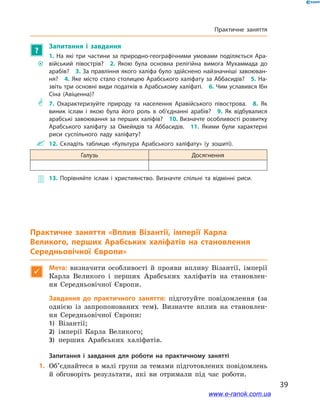 39
Практичне заняття
?
Запитання і  завдання
~~
1.  На які три частини за природно-географічними умовами поділяється Ара­
війський півострів?  2.  Якою була основна релігійна вимога Мухаммада до
арабів?  3. За правління якого халіфа було здійснено найзначніші завоюван­
ня?  4. Яке місто стало столицею Арабського халіфату за Аббасидів?  5. На­
звіть три основні види податків в Арабському халіфаті.  6. Чим уславився Ібн
Сіна (Авіценна)?
** 7.  Охарактеризуйте природу та населення Аравійського півострова.  8.  Як
виник іслам і якою була його роль в об’єднанні арабів?  9.  Як відбувалися
арабські завоювання за перших халіфів?  10. Визначте особливості розвитку
Арабського халіфату за Омейядів та Аббасидів.  11.  Якими були характерні
риси суспільного ладу халіфату?
 12.  Складіть таблицю «Культура Арабського халіфату» (у зошиті).
Галузь Досягнення
 13.  Порівняйте іслам і християнство. Визначте спільні та відмінні риси.
Практичне заняття «Вплив Візантії, імперії Карла
Великого, перших Арабських халіфатів на становлення
Середньовічної Європи»

Мета: визначити особливості й прояви впливу Візантії, імперії
Карла Великого і перших Арабських халіфатів на становлен-
ня Середньовічної Європи.
	 Завдання до практичного заняття: підготуйте повідомлення (за
однією із запропонованих тем). Визначте вплив на становлен-
ня Середньовічної Європи:
1)	 Візантії;
2)	 імперії Карла Великого;
3)	 перших Арабських халіфатів.
Запитання і завдання для роботи на практичному занятті
	1.	Об’єднайтеся в малі групи за темами підготовлених повідомлень
й обговоріть результати, які ви отримали під час роботи.
www.e-ranok.com.ua
 
