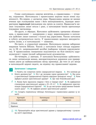 61
§ 5. Християнська церква в V—XI ст.
Слово «католицька» означає все­світня, а «православна» — істин-
на, справжня. Католицька і  православна церкви мали певні від-
мінності. По-перше, у  догматах віри. Православна церква не визнає
вчення про головування папи і  його непогрішимість, відкидає вико-
ристання індульгенцій (звільнення від гріхів за плату). Православ’я ви-
знає існування лише пекла і  раю, а  католицизм також проголошує
існування чистилища.
По-друге, в  обрядах. Католики здійснюють хрещення обливан-
ням, а  православні  — зануренням у  воду; миропомазання в  католи-
ків здійснює лише єпископ і  тільки над дорослими. Також католики
в  суботу дотримуються посту. У  православних церквах використо-
вують  ікони, а  в  католицьких — живопис.
По-третє, в  управлінні церквою. Католицька церква забороняє
мирянам читати Біблію. Також у  католиків існує посада кардина-
ла; із IX  ст. запроваджений целібат (заборона ченцям одружувати-
ся). У  православних священики поділяються на біле (можуть одру-
жуватися) і  чорне (шлюб забороняється) духовенство.
По-четверте, у  звичаях. У  католиків богослужіння здійснюєть-
ся лише латинською мовою, використовуються дзвоники для привер-
тання уваги до найважливіших місць проповіді. До того  ж усі місця
в  католицькій церкві сидячі, на відміну від православної церкви.
?
Запитання і  завдання
~~
1. Назвіть сім «смертних гріхів» середньовічної людини.  2.  Хто належав до
білого духовенства?  3.  Хто і  де заснував чорне духовенство?  4.  Яку роль
у  християнізації Середньовічної Європи відіграли ірландські ченці?  5.  Коли
відбувся розкол християнської церкви?  6.  Що таке Клюнійський рух?
** 7.  Якими були відносини людини і Бога в Середні віки?  8.  Як відбувалося
становлення християнської церкви у IV—VI ст.?  9.  Як відбувалася христия­
нізація Середньовічної Європи?  10. За що виступали представники Клюній­
ського руху?  11.  Як відбувся розкол християнської церкви?
 12.  Складіть порівняльну таблицю «Католицька і православна церква» (у зо­
шиті).
Критерій
порівняння
Католицька
церква
Православна
церква
Спільне
Відмінне
 13.  Проаналізуйте місце християнської церкви у середньовічному і сучасно­
му житті європейців.
www.e-ranok.com.ua
 