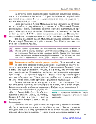 33
§ 3. Арабський халіфат
На початку свого проповідництва Мухаммад засуджував багатіїв,
але згодом відмовився від цього. У Корані зазначено, що нерівність се-
ред людей установлена Богом і  мусульманин не повинен заздрити то-
му, хто багатший за нього.
Після вигнання з Мекки Мухаммад почав виступати за об’єднан­
ня всіх арабів у  єдину общину мусульман. Між Мединою і  Меккою
розгорнулася війна. Більшість простих жителів підтримували про-
рока, тому знать була змушена підкоритися Мухаммаду та  впусти-
ти його до міста. У 630 р., після повернення пророка до Мекки, біль-
шість арабських племен визнали владу Мухаммада і прийняли іслам.
Так під прапором ісламу Мухаммад об’єднав арабські племена.
На час смерті Мухаммада під його владою була більша частина пле-
мен, що населяли Аравію.
Головна святиня мусульман Кааба розташована в центрі мечеті аль-Харам. Це
кубічна кам’яна споруда заввишки у  п’ятиповерховий будинок. За арабськи­
ми переказами, Каабу побудував «праотець євреїв» Авраам для свого сина
Ізмаїла, якого араби вважали своїм родоначальником. У ній зберігається «чор­
ний камінь», подарований Богом Адаму  — першій людині на Землі.
3
Завоювання арабів за часів перших халіфів. Після смерті проро-
ка між його старими прихильниками і мединською знаттю по-
чалися суперечки про спадкоємність. Адже питання було не тільки
в  тому, хто буде релігійним вождем, а  й у  тому, хто очолить ство-
рену ним державу. Врешті було вирішено, що державою управляти-
муть халіфи  — «заступники пророка». Надалі кожен правитель арабів
називав себе саме так. Перші чотири халіфи, які правили в  632—
661  рр., були близькими друзями і  родичами Мухаммада.
Халіфи закликали народ рушати в  похід за поширення ісла-
му, обіцяючи кожному винагороду як за життя, так і  після смерті.
Розпочалася доба арабських завоювань. Найзнач­ніші загарбання бу-
ло здійснено за правління другого ха-
ліфа  — Омара (634—644). Араби від-
воювали у  Візантії Сирію, Палестину,
Єгипет і  Лівію, а  в Ірану  — знач­ну
частину його західних земель аж до
Закавказзя.
Воєнним успіхам арабів сприяли переваги у  військовій такти-
ці. Вони створили відмінну легку кінноту, що стрімкими атаками
наводила жах на піхоту противника та  не менш успішно атакувала
важких кіннотників ворога. Її поява стала можливою завдяки ви-
і
Халіф  — наступник Мухаммада, титул
правителя і  водночас духовного глави
мусульман.
і
www.e-ranok.com.ua
 