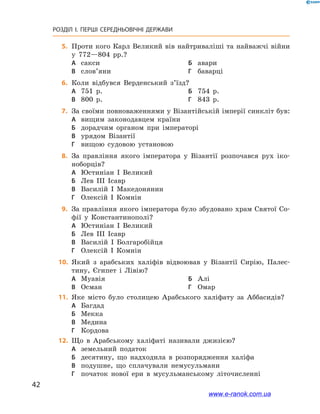 42
РОЗДІЛ І. ПЕРШІ СЕРЕДНЬОВІЧНІ ДЕРЖАВИ﻿
	5.	Проти кого Карл Великий вів найтриваліші та найважчі війни
у 772—804 рр.?
А	 сакси	Б	 авари
В	 слов’яни	Г	 баварці
	6.	Коли відбувся Верденський з’їзд?
А	 751 р.	Б	 754 р.
В	 800 р.	Г	 843 р.
	7.	За своїми повноваженнями у Візантійській імперії синкліт був:
А	 вищим законодавцем країни
Б	 дорадчим органом при імператорі
В	 урядом Візантії
Г	 вищою судовою установою
	8.	За правління якого імператора у Візантії розпочався рух іко-
ноборців?
А	 Юстиніан I Великий
Б	 Лев III Ісавр
В	 Василій I Македонянин
Г	 Олексій I Комнін
	9.	За правління якого імператора було збудовано храм Святої Со-
фії у Константинополі?
А	 Юстиніан I Великий
Б	 Лев III Ісавр
В	 Василій I Болгаробійця
Г	 Олексій I Комнін
	10.	 Який з арабських халіфів відвоював у Візантії Сирію, Палес-
тину, Єгипет і Лівію?
А	 Муавія	Б	 Алі
В	 Осман	Г	 Омар
	11.	 Яке місто було столицею Арабського халіфату за Аббасидів?
А	 Багдад
Б	 Мекка
В	 Медина
Г	 Кордова
	12.	 Що в Арабському халіфаті називали джизією?
А	 земельний податок
Б	 десятину, що надходила в розпорядження халіфа
В	 подушне, що сплачували немусульмани
Г	 початок нової ери в мусульманському літочисленні
www.e-ranok.com.ua
 