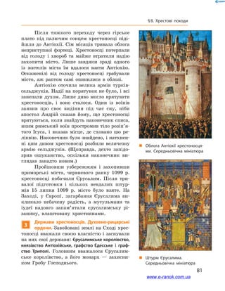 81
§ 8. Хрестові походи
Після тяжкого переходу через гірське
плато під палючим сонцем хрестоносці піді-
йшли до Антіохії. Сім місяців тривала облога
неприступної фортеці. Хрестоносці потерпали
від голоду і  хвороб та майже втратили надію
захопити місто. Лише завдяки зраді одного
із жителів міста їм вдалося взяти Антіохію.
Оскаженілі від голоду хрестоносці грабували
місто, аж раптом самі опинилися в  облозі.
Антіохію оточила велика армія турків-
сельджуків. Надії на порятунок не було, і всі
занепали духом. Лише диво могло врятувати
хрестоносців, і  воно сталося. Один із воїнів
заявив про своє видіння під час сну, ніби
апостол Андрій сказав йому, що хрестоносці
врятуються, коли знайдуть наконечник списа,
яким римський воїн простромив тіло розіп’я­
того Ісуса, і  вказав місце, де сховано цю ре-
ліквію. Наконечник було знайдено, і натхнен-
ні цим дивом хрестоносці розбили величезну
армію сельджуків. (Щоправда, дехто запідо-
зрив ошуканство, оскільки наконечник ви-
глядав занадто новим.)
Пройшовши узбережжям і  захопивши
приморські міста, червневого ранку 1099  р.
хрестоносці побачили Єрусалим. Після три-
валої підготовки і  кількох невдалих штур-
мів 15  липня 1099  р. місто було взяте. На
Заході, у  Європі, загарбання Єрусалима ви-
кликало небачену радість, а  мусульмани та
іудеї надовго запам’ятали єрусалимську рі-
занину, влаштовану християнами.
3
Держави хрестоносців. Духовно-рицарські
ордени. Завойовані землі на Сході хрес-
тоносці вважали своєю власністю і заснували
на них свої держави: Єрусалимське королівство,
князівство Антіохійське, графство Едесське і граф-
ство Триполі. Головним вважалося Єрусалим-
ське королівство, а  його монарх  — захисни-
ком Гробу Господнього.
„„ Облога Антіохії хрестоносця­
ми. Середньовічна мініатюра
„„ Штурм Єрусалима.
Середньовічна мініатюра
www.e-ranok.com.ua
 