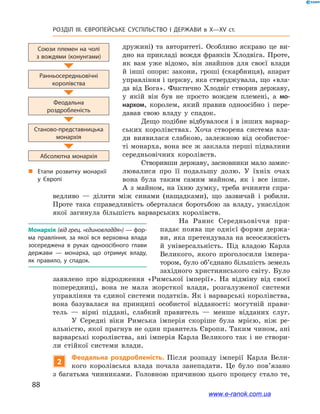 88
Розділ ІІІ. ЄВРОПЕЙСЬКЕ СУСПІЛЬСТВО І  ДЕРЖАВИ в  X—ХV ст.
дружині) та авторитеті. Особливо яскраво це ви-
дно на прикладі вождя франків Хлодвіга. Проте,
як вам уже відомо, він знайшов для своєї влади
й  інші опори: закони, гроші (скарбниця), апарат
управління і церкву, яка стверджувала, що «вла-
да від Бога». Фактично Хлодвіг створив державу,
у  якій він був не просто вождем племені, а  мо-
нархом, королем, який правив одноосібно і  пере-
давав свою владу у  спадок.
Дещо подібне відбувалося і в інших варвар-
ських королівствах. Хоча створена система вла-
ди виявилася слабкою, залежною від особистос-
ті монарха, вона все ж заклала перші підвалини
середньовічних королівств.
Створивши державу, засновники мало замис-
лювалися про її подальшу долю. У  їхніх очах
вона була таким самим майном, як і  все інше.
А з майном, на їхню думку, треба вчиняти спра-
ведливо  — ділити між синами (нащадками), що зазвичай і робили.
Проте така справедливість оберталася боротьбою за владу, унаслідок
якої загинула більшість варварських королівств.
На Раннє Середньовіччя при-
падає поява ще однієї форми держа-
ви, яка претендувала на всеосяжність
й  уні­версальність. Під владою Карла
Великого, якого проголосили імпера-
тором, було об’єднано більшість земель
західного християнського світу. Було
заявлено про відродження «Римської імперії». На відміну від своєї
попередниці, вона не мала жорсткої влади, розгалуженої системи
управління та єдиної системи податків. Як і варварські королівства,
вона базувалася на принципі особистої відданості: могутній прави-
тель  — вірні піддані, слабкий правитель  — менше відданих слуг.
У  Середні віки Римська імперія скоріше була мрією, ніж ре-
альністю, якої прагнув не один правитель Європи. Таким чином, ані
варварські королівства, ані імперія Карла Великого так і не створи-
ли стійкої системи влади.
2
Феодальна роздробленість. Після розпаду імперії Карла Вели-
кого королівська влада почала занепадати. Це було пов’язано
з  багатьма чинниками. Головною причиною цього процесу стало те,
Монархія (від грец. «єдиновладдя») — фор­
ма правління, за якої вся верховна влада
зосереджена в руках одноосібного глави
держави — монарха, що отримує владу,
як правило, у спадок.
Союзи племен на чолі
з вождями (конунгами)
Ранньосередньовічні
королівства
Феодальна
роздробленість
Станово-представницька
монархія
Абсолютна монархія
„„ Етапи розвитку монархії
у  Європі
www.e-ranok.com.ua
 