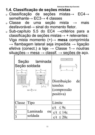 Estruturas Mistas Aço-Concreto
11
1.4. Classificação de seções mistas
 Classificação de seções mistas→ EC4→
semelhante→ EC3→ 4 classes
 Classe de uma seção mista → mais
desfavorável→ sinal do momento fletor.
 Sub-capítulo 5.5 do EC4 →critérios para a
classificação de seções mistas→ + relevantes:
Viga mista momento (+)→ mesa comprimida
→ flambagem lateral seja impedida → ligação
efetiva (conect.) a laje → Classe 1→ noutras
situações→ mesa → classif. → seções de aço.
Seção laminada
Seção soldada
Distribuição de
tensões
(compressão
positiva)
Classe Tipo Limite
1
Laminada ou
soldada
c/t  9
2 c/t  14
3 c/t  20
 