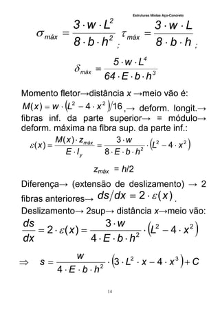 Estruturas Mistas Aço-Concreto
14
2
2
máx
hb8
Lw3



; hb8
Lw3
máx



;
3
4
máx
hbE64
Lw5



Momento fletor→distância x →meio vão é:
  164)( 22
xLwxM  ,→ deform. longit.→
fibras inf. da parte superior→ = módulo→
deform. máxima na fibra sup. da parte inf.:
 22
2
4
8
3)(
)( xL
hbE
w
IE
zxM
x
y
máx







zmáx = h/2
Diferença→ (extensão de deslizamento) → 2
fibras anteriores→ )(2 xdxds  .
Deslizamento→ 2sup→ distância x→meio vão:
 22
2
4
4
3
)(2 xL
hbE
w
x
dx
ds



 
  CxxL
hbE
w
s 

 32
2
43
4
 