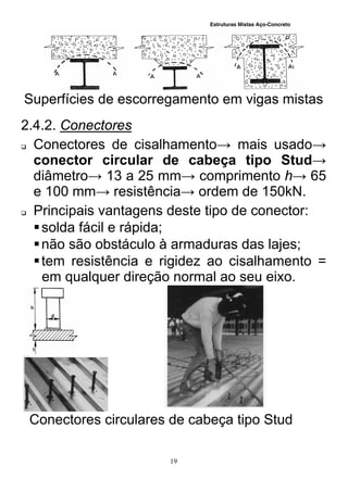 Estruturas Mistas Aço-Concreto
19
Superfícies de escorregamento em vigas mistas
2.4.2. Conectores
 Conectores de cisalhamento→ mais usado→
conector circular de cabeça tipo Stud→
diâmetro→ 13 a 25 mm→ comprimento h→ 65
e 100 mm→ resistência→ ordem de 150kN.
 Principais vantagens deste tipo de conector:
solda fácil e rápida;
não são obstáculo à armaduras das lajes;
tem resistência e rigidez ao cisalhamento =
em qualquer direção normal ao seu eixo.
Conectores circulares de cabeça tipo Stud
 