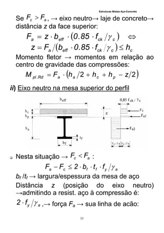 Estruturas Mistas Aço-Concreto
33
Se ac FF  , → eixo neutro→ laje de concreto→
distância z da face superior:
   cckeffa f85.0bzF 
  ccckeffa hf85.0bFz  
Momento fletor → momentos em relação ao
centro de gravidade das compressões:
 22. zhhhFM pcaaRdpl 
ii) Eixo neutro na mesa superior do perfil
 Nesta situação → ac FF  :
ayffca ftb2FF 
bf /tf → largura/espessura da mesa de aço
Distância z (posição do eixo neutro)
→admitindo a resist. aço à compressão é:
ayf2  ,→ força Fa → sua linha de acão:
 