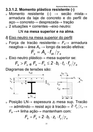 Estruturas Mistas Aço-Concreto
35
3.3.1.2. Momento plástico resistente (-)
 Momento resistente (-) → secão mista→
armadura da laje de concreto e do perfil de
aço→ concreto→ desprezada→ tração
 2 situações + correntes→eixo neutro:
LN na mesa superior e na alma.
i) Eixo neutro na mesa superior do perfil
 Força de tracão resistente→ Fs→ armadura
neagtiva→ área As → longo da secão efetiva:
sskss fAF 
 Eixo neutro plástico→ mesa superior se:
sa FF  e ayffsa ftb2FF 
Diagramas de tensões são:
 Posição LN→ espessura zf mesa sup. Tracão
→ admitindo→ resist aço à tracão→ ayf2  →
Fa →+ linha ação→ mantenham com:
ayffsa fzb2FF 
 