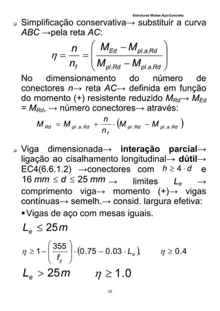 Estruturas Mistas Aço-Concreto
39
 Simplificação conservativa→ substituir a curva
ABC →pela reta AC:











RdaplRdpl
RdaplEd
f MM
MM
n
n
...
..

No dimensionamento do número de
conectores n→ reta AC→ definida em função
do momento (+) resistente reduzido MRd→ MEd
= MRd, → número conectores→ através:
 RdaplRdpl
f
RdaplRd MM
n
n
MM ..... 
 Viga dimensionada→ interação parcial→
ligação ao cisalhamento longitudinal→ dútil→
EC4(6.6.1.2) →conectores com dh  4 e
mmdmm 2516  → limites Le →
comprimento viga→ momento (+)→ vigas
contínuas→ semelh.→ consid. largura efetiva:
Vigas de aço com mesas iguais.
mLe 25
  4.0,03.075.0
355
1 








  e
y
L
f
mLe 25 0.1
 