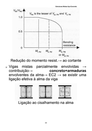 Estruturas Mistas Aço-Concreto
44
Redução do momento resist.→ ao cortante
 Vigas mistas parcialmente envolvidas →
contribuição→ concreto+armaduras
envolventes da alma→ EC2 → se existir uma
ligação efetiva à alma da viga
Ligação ao cisalhamento na alma
 