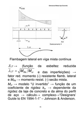 Estruturas Mistas Aço-Concreto
46
Flambagem lateral em viga mista contínua
LT → (função da esbeltez reduzida
crRkLT MM e das imperfeições) →
fator red. momento (-) resistente flamb. lateral
e MRd → momento resist. (-) secão mista.
Mcr → modelo “U invertido” → função de um
coeficiente de rigidez ks, → dependente da
rigidez da laje de concreto e da alma do perfil
de aço → cálculo→ complexo→“Designers’
Guide to EN 1994-1-1” – Johnson & Anderson.
Deslocamento V
 
