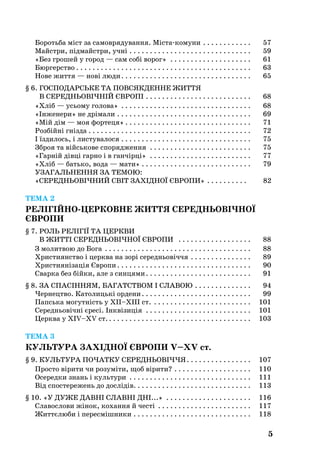 5
Боротьба міст за самоврядування. Містакомуни . . . . . . . . . . . . . 	 57
Майстри, підмайстри, учні . . . . . . . . . . . . . . . . . . . . . . . . . . . . . . . 	 59
«Без грошей у город — сам собі ворог» . . . . . . . . . . . . . . . . . . . . . 	 61
Бюргерство  . . . . . . . . . . . . . . . . . . . . . . . . . . . . . . . . . . . . . . . . . . . 	 63
Нове життя — нові люди . . . . . . . . . . . . . . . . . . . . . . . . . . . . . . . . 	 65
§ 6. ГОСПОДАРСЬКЕ ТА ПОВСЯКДЕННЕ ЖИТТЯ
В СЕРЕДНЬОВІЧНІЙ ЄВРОПІ . . . . . . . . . . . . . . . . . . . . . . . . . . . 	 68
«Хліб — усьому голова» . . . . . . . . . . . . . . . . . . . . . . . . . . . . . . . . . 	 68
«Інженери» не дрімали . . . . . . . . . . . . . . . . . . . . . . . . . . . . . . . . . . 	 69
«Мій дім — моя фортеця»  . . . . . . . . . . . . . . . . . . . . . . . . . . . . . . . 	 71
Розбійні гнізда . . . . . . . . . . . . . . . . . . . . . . . . . . . . . . . . . . . . . . . . . 	 72
І їздилось, і листувалося . . . . . . . . . . . . . . . . . . . . . . . . . . . . . . . . . 	 75
Зброя та військове спорядження . . . . . . . . . . . . . . . . . . . . . . . . . . 	 75
«Гарній дівці гарно і в ганчірці» . . . . . . . . . . . . . . . . . . . . . . . . . . 	 77
«Хліб — батько, вода — мати» . . . . . . . . . . . . . . . . . . . . . . . . . . . . 	 79
УЗАГАЛЬНЕННЯ ЗА ТЕМОЮ:
«СЕРЕДНЬОВІЧНИЙ СВІТ ЗАХІДНОЇ ЄВРОПИ» . . . . . . . . . . . 82
ТЕМА 2
РЕЛІГІЙНО-ЦЕРКОВНЕ ЖИТТЯ СЕРЕДНЬОВІЧНОЇ
ЄВРОПИ
§ 7. Роль релІгІЇ та церкви
в життІ середньовІЧноЇ Європи  . . . . . . . . . . . . . . . . . . . 	 88
З молитвою до Бога . . . . . . . . . . . . . . . . . . . . . . . . . . . . . . . . . . . . . 	 88
Християнство і церква на зорі середньовіччя . . . . . . . . . . . . . . . . 	 89
Християнізація Європи . . . . . . . . . . . . . . . . . . . . . . . . . . . . . . . . . 	 90
Сварка без бійки, але з синцями . . . . . . . . . . . . . . . . . . . . . . . . . . 	 91
§ 8. За спасінням, багатством і славою . . . . . . . . . . . . . . . 	 94
Чернецтво. Католицькі ордени . . . . . . . . . . . . . . . . . . . . . . . . . . . 	 99
Папська могутність у ХІІ–ХІІІ ст. . . . . . . . . . . . . . . . . . . . . . . . . . 	 101
Середньовічні єресі. Інквізиція . . . . . . . . . . . . . . . . . . . . . . . . . . . 	 101
Церква у XІV–XV ст.  . . . . . . . . . . . . . . . . . . . . . . . . . . . . . . . . . . . 	 103
ТЕМА 3
КУЛЬТУРА ЗАХІДНОЇ ЄВРОПИ v–xv ст.
§ 9. Культура початку середньовіччя . . . . . . . . . . . . . . . . 	 107
Просто вірити чи розуміти, щоб вірити? . . . . . . . . . . . . . . . . . . . . 	 110
Осередки знань і культури . . . . . . . . . . . . . . . . . . . . . . . . . . . . . . . 	 111
Від спостережень до дослідів . . . . . . . . . . . . . . . . . . . . . . . . . . . . . 	 113
§ 10. «У дуже давні славні дні...» . . . . . . . . . . . . . . . . . . . . . . 	 116
Славослови жінок, кохання й честі . . . . . . . . . . . . . . . . . . . . . . . . 	 117
Життєлюби і пересмішники . . . . . . . . . . . . . . . . . . . . . . . . . . . . . . 	 118
 