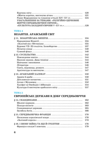 Картина світу  . . . . . . . . . . . . . . . . . . . . . . . . . . . . . . . . . . . . . . . . . 	 120
«Життя коротке, мистецтво вічне» . . . . . . . . . . . . . . . . . . . . . . . . 	 121
Раннє Відродження та гуманізм в Італії XIV–XV ст. . . . . . . . . . . 	 124
УЗАГАЛЬНЕННЯ ЗА ТЕМАМИ: «РЕЛІГІЙНО-ЦЕРКОВНЕ
ЖИТТЯ СЕРЕДНЬОВІЧНОЇ ЄВРОПИ»,
«КУЛЬТУРА ЗАХІДНОЇ ЄВРОПИ V–ХV ст.» . . . . . . . . . . . . . . . . 128
ТЕМА 4
ВІЗАНТІЯ. АРАБСЬКИЙ СВІТ
§ 11. ВІЗАНТІйська ІмперІЯ . . . . . . . . . . . . . . . . . . . . . . . . . . . . 	 134
Народження Візантії . . . . . . . . . . . . . . . . . . . . . . . . . . . . . . . . . . . 	 134
«Золотий вік» Юстиніана . . . . . . . . . . . . . . . . . . . . . . . . . . . . . . . . 	 135
Буремні VII–XI століття. Іконоборство . . . . . . . . . . . . . . . . . . . . . 	 137
Початок кінця . . . . . . . . . . . . . . . . . . . . . . . . . . . . . . . . . . . . . . . . . 	 140
Сумний фінал  . . . . . . . . . . . . . . . . . . . . . . . . . . . . . . . . . . . . . . . . . 	 140
§ 12. Суспільство . . . . . . . . . . . . . . . . . . . . . . . . . . . . . . . . . . . . . . 	 142
Повсякденне життя . . . . . . . . . . . . . . . . . . . . . . . . . . . . . . . . . . . . . 	 144
Наукові знання. Дива техніки . . . . . . . . . . . . . . . . . . . . . . . . . . . . 	 144
Навчання і виховання . . . . . . . . . . . . . . . . . . . . . . . . . . . . . . . . . . . 	 146
Література . . . . . . . . . . . . . . . . . . . . . . . . . . . . . . . . . . . . . . . . . . . . 	 146
Свята, видовища, розваги . . . . . . . . . . . . . . . . . . . . . . . . . . . . . . . . 	 147
Архітектура та мистецтво  . . . . . . . . . . . . . . . . . . . . . . . . . . . . . . . 	 147
§ 13. АРАБСЬКИЙ ХАЛІФАТ . . . . . . . . . . . . . . . . . . . . . . . . . . . . . . 	 150
Аравія й араби . . . . . . . . . . . . . . . . . . . . . . . . . . . . . . . . . . . . . . . . . 	 150
Доісламське поганство . . . . . . . . . . . . . . . . . . . . . . . . . . . . . . . . . . 	 151
Аллах і Мухаммед . . . . . . . . . . . . . . . . . . . . . . . . . . . . . . . . . . . . . . 	 152
Халіфат за Омейядів і Аббасидів . . . . . . . . . . . . . . . . . . . . . . . . . . 	 154
Культура й мистецтво арабського світу . . . . . . . . . . . . . . . . . . . . . 	 157
ТЕМА 5
ЄВРОПЕЙСЬКІ ДЕРЖАВИ В ДОБУ СЕРЕДНЬОВІЧЧЯ
§ 14. СКАНДИНАВІЯ . . . . . . . . . . . . . . . . . . . . . . . . . . . . . . . . . . . . . 	 162
Шалені нормани . . . . . . . . . . . . . . . . . . . . . . . . . . . . . . . . . . . . . . . 	 162
Походи вікінгів . . . . . . . . . . . . . . . . . . . . . . . . . . . . . . . . . . . . . . . . 	 163
Скандинавські держави . . . . . . . . . . . . . . . . . . . . . . . . . . . . . . . . . 	 165
Загибель богів . . . . . . . . . . . . . . . . . . . . . . . . . . . . . . . . . . . . . . . . . 	 166
§ 15. СЕРЕДНЬОВІЧНА ФРАНЦІЯ . . . . . . . . . . . . . . . . . . . . . . . . . . 	 170
Посилення королівської влади . . . . . . . . . . . . . . . . . . . . . . . . . . . . 	 170
«Залізний король» . . . . . . . . . . . . . . . . . . . . . . . . . . . . . . . . . . . . . 	 173
§ 16. І знову війна та ще й Столітня . . . . . . . . . . . . . . . . . . . 	 176
Франція в полум’ї повстань . . . . . . . . . . . . . . . . . . . . . . . . . . . . . . 	 179
6
 