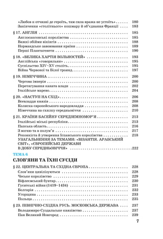 7
«Любов к отчизні де героїть, там сила вража не устоїть» . . . . . . 	 180
Закінчення «столітнього» кошмару й об’єднання Франції . . . . . 	 183
§ 17. АНГЛІЯ . . . . . . . . . . . . . . . . . . . . . . . . . . . . . . . . . . . . . . . . . . . . 	 185
Англосаксонські королівства . . . . . . . . . . . . . . . . . . . . . . . . . . . . . 	 185
Важкі обійми вікінгів . . . . . . . . . . . . . . . . . . . . . . . . . . . . . . . . . . . 	 188
Нормандське завоювання країни . . . . . . . . . . . . . . . . . . . . . . . . . . 	 189
Перші Плантагенети . . . . . . . . . . . . . . . . . . . . . . . . . . . . . . . . . . . . 	 190
§ 18. «Велика хартія вольностей» . . . . . . . . . . . . . . . . . . . . . 	 193
Англійська «говорильня» . . . . . . . . . . . . . . . . . . . . . . . . . . . . . . . . 	 195
Суспільство XIV–XV століть . . . . . . . . . . . . . . . . . . . . . . . . . . . . . 	 195
Війна Червоної та Білої троянд . . . . . . . . . . . . . . . . . . . . . . . . . . . 	 197
§ 19. НІМЕЧЧИНА . . . . . . . . . . . . . . . . . . . . . . . . . . . . . . . . . . . . . . . 	 200
Чергова імперія . . . . . . . . . . . . . . . . . . . . . . . . . . . . . . . . . . . . . . . . 	 200
Перетягування каната влади . . . . . . . . . . . . . . . . . . . . . . . . . . . . . 	 202
Італійське марево . . . . . . . . . . . . . . . . . . . . . . . . . . . . . . . . . . . . . . 	 204
§ 20. «Наступ на Схід» . . . . . . . . . . . . . . . . . . . . . . . . . . . . . . . . . 	 206
Всевладдя князів . . . . . . . . . . . . . . . . . . . . . . . . . . . . . . . . . . . . . . . 	 208
Колиска європейського народовладдя . . . . . . . . . . . . . . . . . . . . . . 	 208
Німеччина на схилку середньовіччя . . . . . . . . . . . . . . . . . . . . . . . 	 210
§ 21. КРАЇНИ БАСЕЙНУ СЕРЕДЗЕМНОМОР’Я . . . . . . . . . . . . . . . . 	 213
Італійські міські республіки . . . . . . . . . . . . . . . . . . . . . . . . . . . . . 	 213
Папська область  . . . . . . . . . . . . . . . . . . . . . . . . . . . . . . . . . . . . . . . 	 216
З вогню та в полум’я . . . . . . . . . . . . . . . . . . . . . . . . . . . . . . . . . . . . 	 217
Реконкіста й утворення Іспанського королівства . . . . . . . . . . . . . 	 218
УЗАГАЛЬНЕННЯ ЗА ТЕМАМИ: «ВІЗАНТІЯ. АРАБСЬКИЙ
СВІТ», «ЄВРОПЕЙСЬКІ ДЕРЖАВИ
В ДОБУ СЕРЕДНЬОВІЧЧЯ»  . . . . . . . . . . . . . . . . . . . . . . . . . . . . . 222
ТЕМА 6
СЛОВ’ЯНИ ТА ЇХНІ СУСІДИ
§ 22. Центральна та СхІдна Європа  . . . . . . . . . . . . . . . . . . . 	 228
Слов’яни цивілізуються . . . . . . . . . . . . . . . . . . . . . . . . . . . . . . . . . 	 228
Чеське королівство . . . . . . . . . . . . . . . . . . . . . . . . . . . . . . . . . . . . . 	 229
Віфлеємський бунтар . . . . . . . . . . . . . . . . . . . . . . . . . . . . . . . . . . . 	 230
Гуситські війни (1419–1434)  . . . . . . . . . . . . . . . . . . . . . . . . . . . . . 	 231
Болгарія . . . . . . . . . . . . . . . . . . . . . . . . . . . . . . . . . . . . . . . . . . . . . . 232
Угорщина  . . . . . . . . . . . . . . . . . . . . . . . . . . . . . . . . . . . . . . . . . . . . 	 233
Польща  . . . . . . . . . . . . . . . . . . . . . . . . . . . . . . . . . . . . . . . . . . . . . . 	 235
§ 23. ПІВНІЧНОСХІДНА РУСЬ. МОСКОВСЬКА ДЕРЖАВА . . . . . 	 237
ВолодимироСуздальське князівство . . . . . . . . . . . . . . . . . . . . . . . 	 237
Пан Великий Новгород . . . . . . . . . . . . . . . . . . . . . . . . . . . . . . . . . . 	 239
 