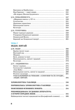 Змагання за Прибалтику . . . . . . . . . . . . . . . . . . . . . . . . . . . . . . . . 	 240
Над Європою — чорні хмари . . . . . . . . . . . . . . . . . . . . . . . . . . . . . 	 241
«Не відразу Москва будувалась» . . . . . . . . . . . . . . . . . . . . . . . . . . 	 245
§ 24. Повалення іга . . . . . . . . . . . . . . . . . . . . . . . . . . . . . . . . . . . . 	 247
«Збирання земель» у XV ст. . . . . . . . . . . . . . . . . . . . . . . . . . . . . . . 	 249
Суспільство . . . . . . . . . . . . . . . . . . . . . . . . . . . . . . . . . . . . . . . . . . . 	 251
Державне управління . . . . . . . . . . . . . . . . . . . . . . . . . . . . . . . . . . . 	 253
Повсякденне життя . . . . . . . . . . . . . . . . . . . . . . . . . . . . . . . . . . . . . 	 253
Культура . . . . . . . . . . . . . . . . . . . . . . . . . . . . . . . . . . . . . . . . . . . . . 	 255
§ 25. ТУРЕЧЧИНА  . . . . . . . . . . . . . . . . . . . . . . . . . . . . . . . . . . . . . . . 	 258
Перші турецькі держави  . . . . . . . . . . . . . . . . . . . . . . . . . . . . . . . . 	 258
Утворення Османської держави . . . . . . . . . . . . . . . . . . . . . . . . . . . 	 258
Османський Молох . . . . . . . . . . . . . . . . . . . . . . . . . . . . . . . . . . . . . 	 259
Зоряний час Османської імперії . . . . . . . . . . . . . . . . . . . . . . . . . . . 	 261
ТЕМА 7
ІНДІЯ. КИТАЙ
§ 26. ІндІЯ . . . . . . . . . . . . . . . . . . . . . . . . . . . . . . . . . . . . . . . . . . . . . . 	 266
Країна тисячі чудес . . . . . . . . . . . . . . . . . . . . . . . . . . . . . . . . . . . . . 	 266
Кастовий лад . . . . . . . . . . . . . . . . . . . . . . . . . . . . . . . . . . . . . . . . . . 	 268
Общини . . . . . . . . . . . . . . . . . . . . . . . . . . . . . . . . . . . . . . . . . . . . . . 	 269
Боги, демони та інші . . . . . . . . . . . . . . . . . . . . . . . . . . . . . . . . . . . . 	 270
Повсякденність, звичаї і традиції . . . . . . . . . . . . . . . . . . . . . . . . . 	 272
Культура . . . . . . . . . . . . . . . . . . . . . . . . . . . . . . . . . . . . . . . . . . . . . 	 273
§ 27. «ПІДНЕБЕСНА» . . . . . . . . . . . . . . . . . . . . . . . . . . . . . . . . . . . . . 	 275
Злети і падіння . . . . . . . . . . . . . . . . . . . . . . . . . . . . . . . . . . . . . . . . 	 275
Суспільство і держава . . . . . . . . . . . . . . . . . . . . . . . . . . . . . . . . . . . 	 275
«Син Неба»  . . . . . . . . . . . . . . . . . . . . . . . . . . . . . . . . . . . . . . . . . . . 	 278
Повсякденне життя, звичаї та традиції . . . . . . . . . . . . . . . . . . . . 	 280
Релігія і культура . . . . . . . . . . . . . . . . . . . . . . . . . . . . . . . . . . . . . . 	 281
УЗАГАЛЬНЕННЯ ЗА ТЕМАМИ: «СЛОВ’ЯНИ ТА ЇХ СУСІДИ»,
«ІНДІЯ. КИТАЙ»	 285
ХРОНОЛОГІЧНА ТАБЛИЦЯ . . . . . . . . . . . . . . . . . . . . . . . . . . . . . 	 290
порівняльна ХРОНОЛОГІЧНА ТАБЛИЦЯ . . . . . . . . . . . . . . 	 291
ПОЯСНЕННЯ ОСНОВНИХ ПОНЯТЬ . . . . . . . . . . . . . . . . . . . . . . . 	 294
Рекомендована художнЯ лІтература
з ІсторІЇ середнІх вІкІв . . . . . . . . . . . . . . . . . . . . . . . . . . . . . . 	 305
Найвидатніші постаті середньовіччя (біографічний словник)  . . . . 	 306
8
 