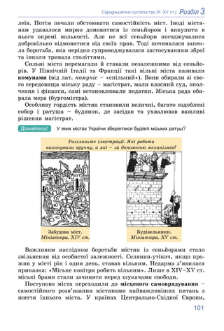101
3
Розділ
Ñåðåäíüîâі÷íå ñóñïіëüñòâî (V–XV ñò.)
ëåїâ. Ïîòіì ïî÷àëè îáñòîþâàòè ñàìîñòіéíіñòü ìіñò. Іíîäі ìіñòÿ-
íàì óäàâà...