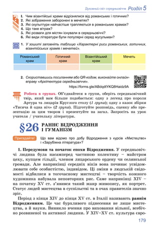 179
5
Розділ
Äóõîâíèé ñâіò ñåðåäíüîâі÷÷ÿ
1. Чим візантійські храми відрізнялися від романських і готичних?
2. Які зображен...