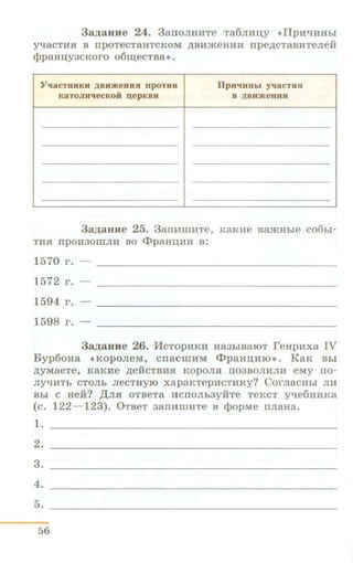 3a~aHHe 24. 3aiiOJIHIITe Ta6JIHI.I;Y «IlpH'tlliHbl
Y'tJaCTIIH B npoTeCTaHTCKOM ,!J;BHJKeHllll npep;CTaBHTeJieH
<l>PaHII;Y3CKOI'O 06III;eCTBa>> .
Yl.faCTHHKH Jl:BHateRHH nponm
KaTOH~eCKOH ~epKBH
llpHllllHbl Y'laCTHJI
B Jl:BHateHIIH
3ap;aHHe 25. 3amnnHTe, KaKHe BaJKHble co6hi-
THH npOll30illJill BO <J>paHIJ,liH B:
1570 r .
1572 r .
1594 1'.
1598 1'.
3ap;aBHe 26. HcTOp liKll Ha3biBaiOT reHp:Hxa IV
B y p 6oH a «KopoJieM, c n acm HM <l>paH:u;HIO>> . KaK Bhl
AYMaeTe, KaKH e p;eHCTBIIH KOPOJIH II03BOJIHJIII eMy rro-
JIY"t!HTh CTOJih JieCTHYIO xapaKTepHCTHKy? CorJiaCHhi JIM
Bhi C HeH? ,il;JIH OTBeTa HCITOJib3YHTe TeKCT y-qe6HHKa
(C. 122- 123). 0 T BeT 3aiTHillliTe B <l>OpMe IIJiaHa.
1.
2.
3.
4.
5.
56
 