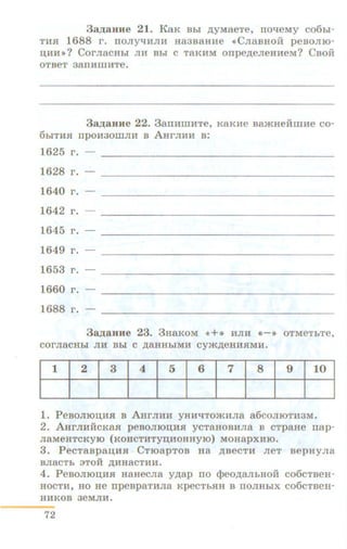 3a,llauue 21. KaK Bhi ,nyMaeTe, rroqeMy co6hi-
TUSI 1688 1'. IIOJJyqHJBi H83B8HHe «CJJaBHOH peBOJJIO-
IJ;HH»? CorJJaCHhr JJH Bhi c TaKHM orrpep;eJJeHHeM? Csoii
OTBeT 38ITHillHTe.
fihiTHSI
3a.n;auHe 22. 3arrHillHTe, KBKHe Ba)KHeHmHe co-
rrpoH30IIIJJH B ABrJJHH s:
1625 1'.
1628 1'.
1640 1'.
1642 1'.
1645 1'.
1649 1'.
1653 1'.
1660 1'.
1688 1'.
3ap;aHHe 23. 3HaKOM «+•> HJJH <~-•> OTMeTbTe,
corJJaCHhl JIH Bhi c ,naHHhiMH cy*,n;eHHSIMIL
11 I 2 I 3 I 4 I 5 I 6 I 7 I 8 I 9 110 I
1. PesoJJIOIJ;HSI B AHrJIHH yHHqTO)KHJia a6coJIIOTH3M.
2. AHrJIHHCKaSI pesoJJIOD;HSI ycTaHOBHJia B cTpaHe rrap-
JiaMeHTCKyro (KOHCTHTYD;HOHHYIO) MOHapXHIO.
3. PecTaspan;HSI CTroapToB Ha ,nsecTH JieT sepuyJia
BJI8CTh 3TOH ,li;HH8CTHH.
4. PesoJIIOIJ,HSI HauecJia y,n;ap no c};>eo,naJihHOH co6cTseu-
HOCTH, HO He npeBp8THJI8 KpeCTbSIH B IIOJIHhiX C06CTBeH-
HHKOB 3eMJIH.
72
 
