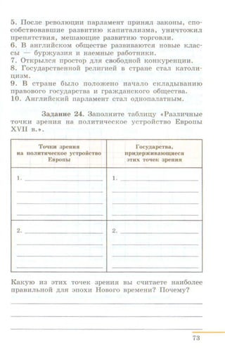 5. IIocJie peBOJIIOIIJUI rrapJiaMeHT npHHHJI 33.KOHhi, cno-
co6cTBOBaBmHe paaBHTHIO KarrHTaJIH3Ma, yiiH'l:TOa<.HJI
npenHTCTBHH, MelllaiOIJJ;He pa3BMTIUO 'fOprOBJIH.
6. B aHrJIHHCKOM o6~ecTBe paaBHBaiOTCH HOBbie KJiac-
Chr - 6ypa<.ya3HH H HaeMHbie pa60THHK11.
7. 0TKpbiJICH IlpOCTOp )l;JIH CB060)l;HOH KOHKypeHI..J,HH.
8. rocy~apCTBeHHOH peJIHrHeH B CTpaHe CTaJI KaTOJIH-
I..J,113M.
9. B CTpaHe 6hlJIO IIOJIOJKeHO Ha'l:aJlO CKJia)l;biBaHHIO
npaBOBoro rocy.n;apcTBa H rpa.m,n;aHCKoro o6rn;ecTBa.
10. AH:rJIHMCKHH rrapJiaMeHT cTaJI o,n;HonaJiaTHbiM.
3a~aaHe 24. 3anoJIHHTe 'ra6mnw <•PaaJIH"t!Hhle
TO"t!KH apeHHH Ha rrOJIHTHqecKoe ycTpoHCTBO EBponhl
XVII B.>).
To•nm apeHHH Tocyp;apCTBa,
Ha llOKHTU~eCKOe ycTpOHCTBO npup;ep:IKHBaJOnvteca
EBpollld 3THX To~eK apeuua
1. 1.
2. 2.
KaKyro 113 STHX ToqeK apemnr Bhi cqJ2[TaeTe Ha.H6oJiee
rrpaBHJihHOH ,n;JIH snoxH HoBoFo BpeMeHH? IIo'l:eMy?
73
 