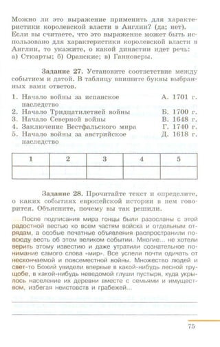 MomHo JUI 3TO BbipameHHe npnMeHHTb AJUI xapaKTe-
pncTHKH KOpOJieBCKOH BJiaCTH B A.HrJIHU? (,ll;a; HeT).
EcJIH Bbl C'tJHTaeTe, liTO 3TO BbipameHne MO:>KeT 6biTb nc-
noJib30BaHO ,ll;JIR xapaKTepHCTHKH KOpOJieBCKOH BJiaCTH B
AurJIHH, TO yKa:>KHTe, o KaKo:H: ,ll;HHaCTHH H,ll;eT pelib:
a) CTroapTbi; 6) OpaHCKHe; B) raHHOBephi.
3a.u;aHHe 27. YCTaHOBHTe COOTBeTCTBHe Me:>K~y
C06biTHeM H )'];aTOM. B T86JIH~Y BIIHlliUTe 6yKBbl Bbi6pau-
HbiX BaMH OTBeTOB.
1. HatiaJio BOHHbi aa HcnaHcKoe A. 1701 r.
uacJie,ll;CTBO
2. HatiaJIO Tpn,ll;~aTHJieTHe:H:: BOHHbi B. 1700 r.
3. Hal:!aJio CeaepHo:H: BOHHbi B. 1648 r.
4. 3aKJIIOtieHHe BecT<}laJibCKoro MMpa r. 1740 r.
5. HaqaJio BOHHbl 3a aBCTpHftCKOe ,n. 1618 r.
HaCJie,D,CTBO
1 2 3 4 5
3a.u;aHHe 28. llpOtiHTaHTe TeKCT II OJipe,Z~;eJIHTe ,
0 KaKHX C06bJTUHX eaponeftCKOft llCTOplill B H e M rOBO-
pHTCH. 06'bHCHHTe, llOtieMy Bbl TaK pemHJIU.
nocne noAnll1caH111fl M111pa roHU,bt 6btlllll pa3ocnaHbt c 3Tol71
P8.AOCTHOVI BeCTbiO KO BCeM '-18CT51M BOVICKa 111 OTAellbHbiM OT-
PHA8M, a oco6bte ne-.aTHbte o6bflB1leH111fl pacnpocrpaHII11llll no-
BCIOAY BeCTb 06 3TOM Be11111KOM C06b1TII1111. MHon,e... He XOTelllll
BepiiiTb 3TOMY 1113BeCTIIIIO Ill Aa~e yTp8TIIIJ1111 C03H8TeJlbHOe no-
HliiM8HIIIe caMoro cnosa «MIIIp». Bee ycne11111 no'"tTIII OAIII'"t8Tb or
HeCKOH'"t8eMOVI Ill nOBCeMeCTHOV! BOV!Hbl. MHO~eCTBO JliOAeVI 111
CBeT-TO 60~111111 YB111Ae11111 BnepBbte B K8KOVI-HIII6YAb JleCHOVI rpy-
W.06e, B K8KOVI-HIII6yAb HeBeAOMOVI rJlyWIII nyCTblpSl, KYA8 yKpbt-
JlOCb H8CeJleHIIIe IIIX ,o;epeBHII1 BMeCTe C CeMbHMIII Ill IIIMYll..leCT-
BOM, 11136eras:~ Heii1CTOBCTB 111 rpa6e~el71...
75
 
