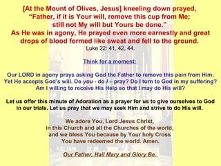 [At the Mount of Olives, Jesus] kneeling down prayed,
“Father, if it is Your will, remove this cup from Me;
still not My will but Yours be done.”
As He was in agony, He prayed even more earnestly and great
drops of blood formed like sweat and fell to the ground.
Luke 22: 41, 42, 44.
Think for a moment:
Our LORD in agony prays asking God the Father to remove this pain from Him.
Yet He accepts God’s will. Do you - do I – pray? Do I turn to God in my suffering?
Am I willing to receive His Help so that I may do His will?
Let us offer this minute of Adoration as a prayer for us to give ourselves to God
in our trials. Let us pray that we may seek Him and strive to do His will.
We adore You, Lord Jesus Christ,
in this Church and all the Churches of the world,
and we bless You because by Your holy Cross
You have redeemed the world. Amen.
Our Father, Hail Mary and Glory Be.
 