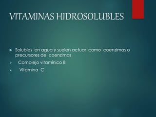 VITAMINAS HIDROSOLUBLES 
 Solubles en agua y suelen actuar como coenzimas o 
precursores de coenzimas 
 Complejo vitamínico B 
 Vitamina C 
 