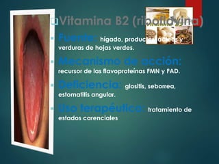 Vitamina B2 (riboflavina) 
 Fuente: hígado, productos lácteos y 
verduras de hojas verdes. 
 Mecanismo de acción: 
recursor de las flavoproteínas FMN y FAD. 
 Deficiencia: glositis, seborrea, 
estomatitis angular. 
 Uso terapéutico: tratamiento de 
estados carenciales 
 