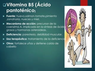 Vitamina B5 (Ácido 
pantoténico) 
 Fuente: huevo,salmon,tomate,pimiento 
,zanahoria, nueces y miel. 
 Mecanismo de acción: precursor de la 
coenzima A, implicada en la síntesis de ácidos 
grasos y hormonas asteroideas. 
 Deficiencia: parestesia, debilidad muscular. 
 Uso terapéutico: tratamiento de la deficiencia. 
 Otros: fortalece uñas y detiene caída de 
cabello 
 