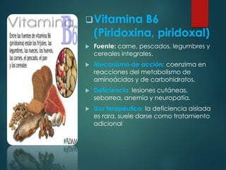 Vitamina B6 
(Piridoxina, piridoxal) 
 Fuente: carne, pescados, legumbres y 
cereales integrales. 
 Mecanismo de acción: coenzima en 
reacciones del metabolismo de 
aminoácidos y de carbohidratos. 
 Deficiencia: lesiones cutáneas, 
seborrea, anemia y neuropatía. 
 Uso terapéutico: la deficiencia aislada 
es rara, suele darse como tratamiento 
adicional 
 