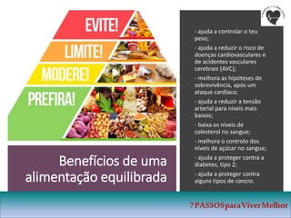 Benefícios de uma
alimentação equilibrada
- ajuda a controlar o teu
peso;
- ajuda a reduzir o risco de
doenças cardiovasculares e
de acidentes vasculares
cerebrais (AVC);
- melhora as hipóteses de
sobrevivência, após um
ataque cardíaco;
- ajuda a reduzir a tensão
arterial para níveis mais
baixos;
- baixa os níveis de
colesterol no sangue;
- melhora o controlo dos
níveis de açúcar no sangue;
- ajuda a proteger contra a
diabetes, tipo 2;
- ajuda a proteger contra
alguns tipos de cancro.
7PASSOSparaViverMelhor
 