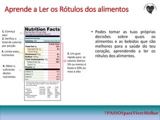 Aprende a Ler os Rótulos dos alimentos
7PASSOSparaViverMelhor
• Podes tomar as tuas próprias
decisões sobre quais os
alimentos e as bebidas que são
melhores para a saúde do teu
coração, aprendendo a ler os
rótulos dos alimentos.
1. Começa
aqui
2. Verifica o
total de calorias
por porção
3. Limita estes
nutrientes
4. Obter o
suficiente
destes
nutrientes
5. Um guia
rápido para os
valores diários:
5% ou menos é
baixo e 20% ou
mais é alto
 