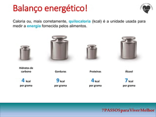 7PASSOSparaViverMelhor
Balanço energético!
Hidratos de
carbono
4 kcal
por grama
Gorduras
9kcal
por grama
Proteínas
4kcal
por grama
Álcool
7kcal
por grama
Caloria ou, mais corretamente, quilocaloria (kcal) é a unidade usada para
medir a energia fornecida pelos alimentos.
 