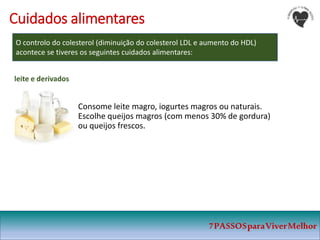 7PASSOSparaViverMelhor
Cuidados alimentares
O controlo do colesterol (diminuição do colesterol LDL e aumento do HDL)
acontece se tiveres os seguintes cuidados alimentares:
Consome leite magro, iogurtes magros ou naturais.
Escolhe queijos magros (com menos 30% de gordura)
ou queijos frescos.
leite e derivados
 
