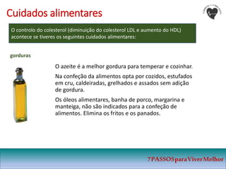 7PASSOSparaViverMelhor
Cuidados alimentares
O controlo do colesterol (diminuição do colesterol LDL e aumento do HDL)
acontece se tiveres os seguintes cuidados alimentares:
O azeite é a melhor gordura para temperar e cozinhar.
Na confeção da alimentos opta por cozidos, estufados
em cru, caldeiradas, grelhados e assados sem adição
de gordura.
Os óleos alimentares, banha de porco, margarina e
manteiga, não são indicados para a confeção de
alimentos. Elimina os fritos e os panados.
gorduras
 