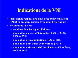 Indications de la VNI
• Insuffisance respiratoire aiguë avec hypoventilation:
BPCO en décompensation, hypoxie et hypercapnie
• Résultats de la VNI:
– Amélioration des signes cliniques
– diminution du taux d ’intubation: 26% vs 74%,
15% vs 27%
– diminution des complications: 16% vs 48%
– diminution de la durée de séjour: 23 j vs 35 j
– diminution de la mortalité hospitalière: 9% vs 29%,
10% vs 20%
 