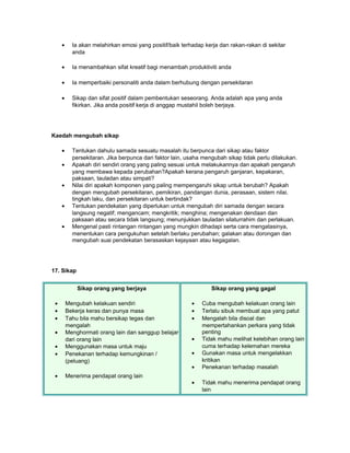 •     Ia akan melahirkan emosi yang positif/baik terhadap kerja dan rakan-rakan di sekitar
           anda

     •     Ia menambahkan sifat kreatif bagi menambah produktiviti anda

     •     Ia memperbaiki personaliti anda dalam berhubung dengan persekitaran

     •     Sikap dan sifat positif dalam pembentukan seseorang. Anda adalah apa yang anda
           fikirkan. Jika anda positif kerja di anggap mustahil boleh berjaya.




Kaedah mengubah sikap

     •     Tentukan dahulu samada sesuatu masalah itu berpunca dari sikap atau faktor
           persekitaran. Jika berpunca dari faktor lain, usaha mengubah sikap tidak perlu dilakukan.
     •     Apakah diri sendiri orang yang paling sesuai untuk melakukannya dan apakah pengaruh
           yang membawa kepada perubahan?Apakah kerana pengaruh ganjaran, kepakaran,
           paksaan, tauladan atau simpati?
     •     Nilai diri apakah komponen yang paling mempengaruhi sikap untuk berubah? Apakah
           dengan mengubah persekitaran, pemikiran, pandangan dunia, perasaan, sistem nilai,
           tingkah laku, dan persekitaran untuk bertindak?
     •     Tentukan pendekatan yang diperlukan untuk mengubah diri samada dengan secara
           langsung negatif; mengancam; mengkritik; menghina; mengenakan dendaan dan
           paksaan atau secara tidak langsung; menunjukkan tauladan silaturrahim dan perlakuan.
     •     Mengenal pasti rintangan rintangan yang mungkin dihadapi serta cara mengatasinya,
           menentukan cara pengukuhan setelah berlaku perubahan; galakan atau dorongan dan
           mengubah suai pendekatan berasaskan kejayaan atau kegagalan.




17. Sikap


             Sikap orang yang berjaya                             Sikap orang yang gagal

 •       Mengubah kelakuan sendiri                        •   Cuba mengubah kelakuan orang lain
 •       Bekerja keras dan punya masa                     •   Terlalu sibuk membuat apa yang patut
 •       Tahu bila mahu bersikap tegas dan                •   Mengalah bila disoal dan
         mengalah                                             mempertahankan perkara yang tidak
 •       Menghormati orang lain dan sanggup belajar           penting
         dari orang lain                                  •   Tidak mahu melihat kelebihan orang lain
 •       Menggunakan masa untuk maju                          cuma terhadap kelemahan mereka
 •       Penekanan terhadap kemungkinan /                 •   Gunakan masa untuk mengelakkan
         (peluang)                                            kritikan
                                                          •   Penekanan terhadap masalah
 •       Menerima pendapat orang lain
                                                          •   Tidak mahu menerima pendapat orang
                                                              lain
 