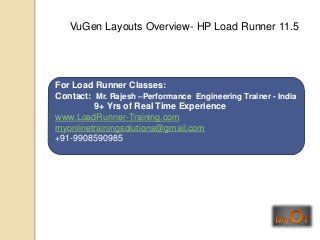 For Load Runner Classes:
Contact: Mr. Rajesh –Performance Engineering Trainer - India
9+ Yrs of Real Time Experience
www.LoadRunner-Training.com
myonlinetrainingsolutions@gmail.com
+91-9908590985
VuGen Layouts Overview- HP Load Runner 11.5
 