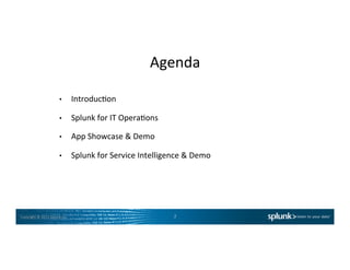 Copyright	
  ©	
  2015	
  Splunk	
  Inc.	
  
Agenda	
  
•  IntroducCon	
  
•  Splunk	
  for	
  IT	
  OperaCons	
  
•  App	
  Showcase	
  &	
  Demo	
  
•  Splunk	
  for	
  Service	
  Intelligence	
  &	
  Demo	
  
2	
  
 