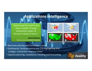 Copyright	
  ©	
  2015	
  Splunk	
  Inc.	
   29	
  
•  Real-­‐Cme	
  alerCng	
  and	
  transacCon	
  tracing	
  	
  
•  Dashboards:	
  Development	
  to	
  the	
  CTO	
  highlighCng	
  KPIs,	
  
	
  outages,	
  transacCon	
  response	
  Cmes	
  
•  Capacity	
  planning,	
  compliance,	
  trending	
  and	
  forecasCng	
  
“Splunk	
  paid	
  for	
  itself	
  in	
  less	
  
than	
  a	
  month.	
  Tracing	
  
transacCons	
  takes	
  10	
  
minutes	
  instead	
  of	
  hours.”	
  	
  
Jus7n	
  Hardeman	
  
Performance	
  &	
  Scalability	
  Engineer	
  	
  
Applica7ons	
  Intelligence	
  
 