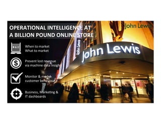 Copyright	
  ©	
  2015	
  Splunk	
  Inc.	
   30	
  
When	
  to	
  market	
  
What	
  to	
  market	
  
Monitor	
  &	
  model	
  
customer	
  behaviour	
  
Business,	
  MarkeCng	
  &	
  
IT	
  dashboards	
  
Prevent	
  lost	
  revenue	
  
via	
  machine	
  data	
  insight	
  
OPERATIONAL	
  INTELLIGENCE	
  AT	
  
A	
  BILLION	
  POUND	
  ONLINE	
  STORE	
  
 