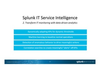 Copyright	
  ©	
  2015	
  Splunk	
  Inc.	
  
Splunk	
  IT	
  Service	
  Intelligence	
  	
  
2.	
  Transform	
  IT	
  monitoring	
  with	
  data-­‐driven	
  analy7cs	
  
37	
  
Dynamically	
  adapCng	
  KPIs	
  for	
  dynamic	
  thresholds	
  
Machine	
  learning	
  to	
  baseline	
  normal	
  operaCons	
  
DetecCon	
  of	
  anomalous	
  behavior	
  to	
  drive	
  meaningful	
  acCons	
  
CorrelaCon	
  searches	
  to	
  create	
  meaningful	
  “alerts”	
  oﬀ	
  KPIs	
  
 