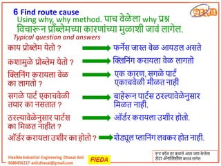 रूट कॉज तर कळले आतच जमच क
े लेलच
डेटच अॅनचतलसीस करचवं लचगेल
6 Find route cause
Using why, why method. पचच वेळे लच why प्रश्न
तवचचरून प्रॉंब्लेमच्यच कचरणचंच्यच मुळचशी जचवं लचगेल.
कचय प्रोब्लेम येतो ?
कशचमुळे प्रोब्लेम येतो ?
फनेस जचस्त वेळ आयडल असते
एक कचरण, सगळे पचटा
एकचचवेळी मीळत नचही
सगळे पचटा एकचचवेळी
तयचर कच नसतचत ?
व्हितनंग करचयलच वेळ लचगतो
व्हितनंग करचयलच वेळ
कच लचगतो ?
बचहेरून पचटास ठरल्यचवेळे नुसचर
तमळत नचही.
ठरल्यचवेळे नुसचर पचटास
कच तमळत नचहीत ?
ऑडार करचयलच उशीर होतो.
ऑडार करचयलच उशीर कच होतो ? शेड्यूल प्लचतनंग लवकर होत नचही.
Typical question and answers
 